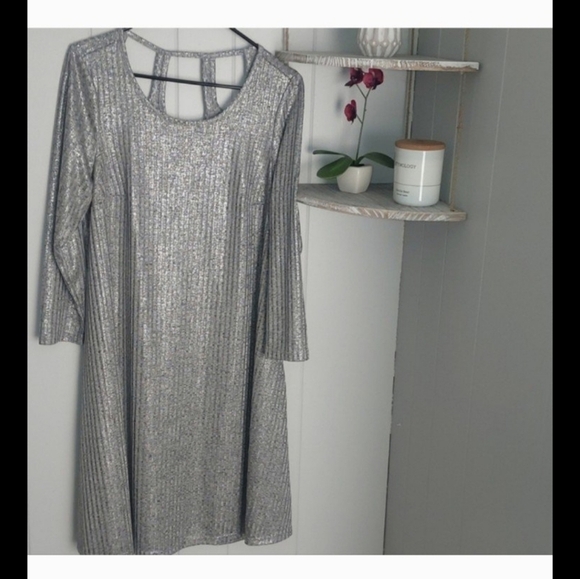 🍂🍁NWOT TORRID 1X Silver Metallic Shimmer Ribbed Knit Trapeze Dress - Picture 4 of 5